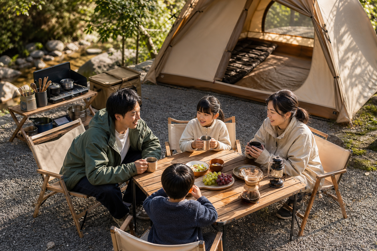 夕方の高規格キャンプ場でくつろぐ日本の家族