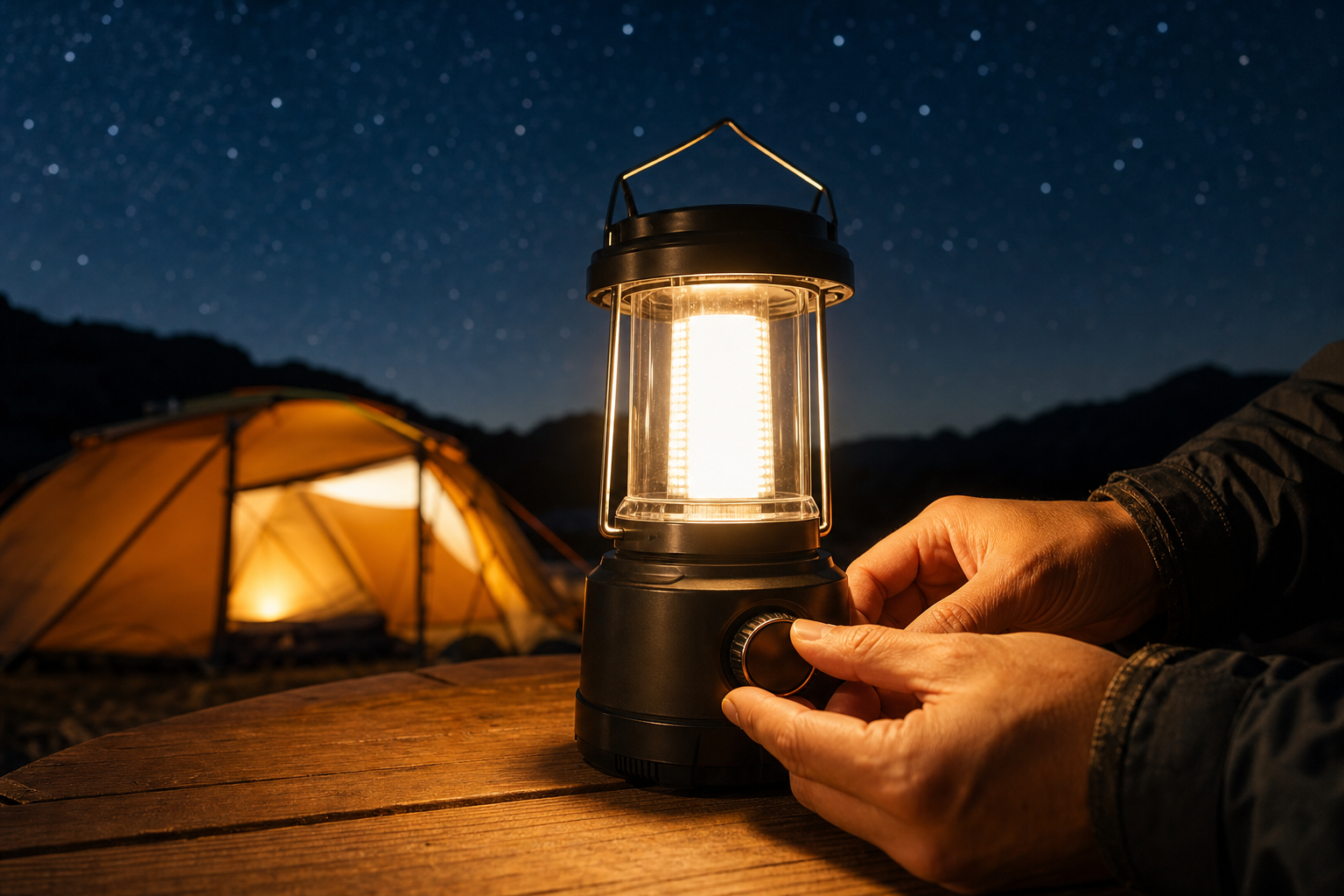 夜のキャンプ場でLEDランタンの光量を調整する様子
