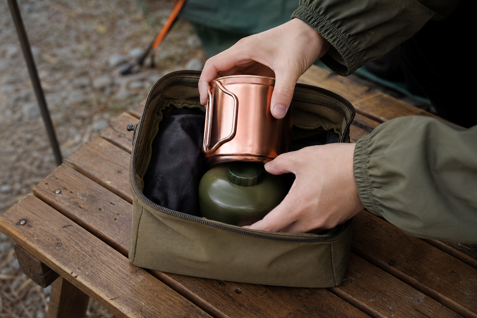 クッカーの中にガス缶などをスタッキングして片付ける日本人の手元
