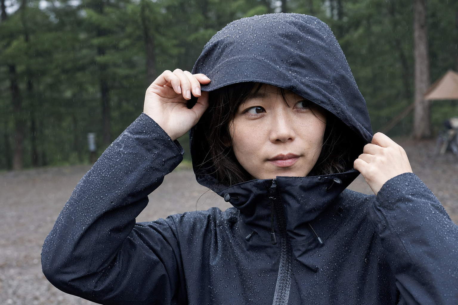 水滴を弾く高機能レインウェアを着用する女性キャンパー